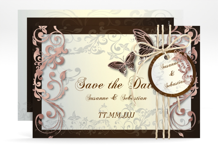Save the Date-Karte Hochzeit Toulouse A6 Karte quer braun rosegold romantisch mit Schmetterlingen