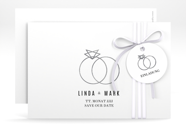 Save the Date-Karte Rings A6 Karte quer weiss silber