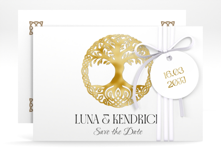 Save the Date-Karte Lebensbaum A6 Karte quer weiss gold im Stil der Kelten und Wikinger