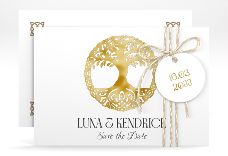 Save the Date-Karte Lebensbaum A6 Karte quer weiss gold im Stil der Kelten und Wikinger