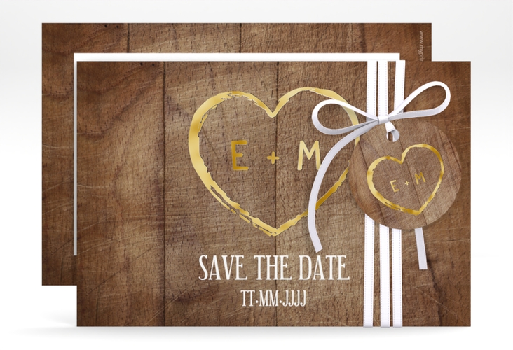 Save the Date-Karte Wood A6 Karte quer braun gold in Holz-Optik mit Herz und Initialen