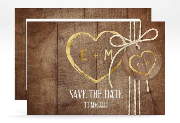 Save the Date-Karte Wood A6 Karte quer braun gold in Holz-Optik mit Herz und Initialen