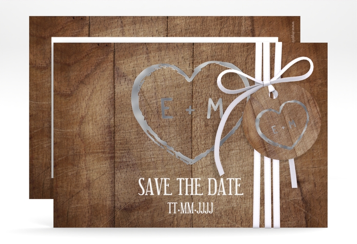 Save the Date-Karte Wood A6 Karte quer braun silber in Holz-Optik mit Herz und Initialen