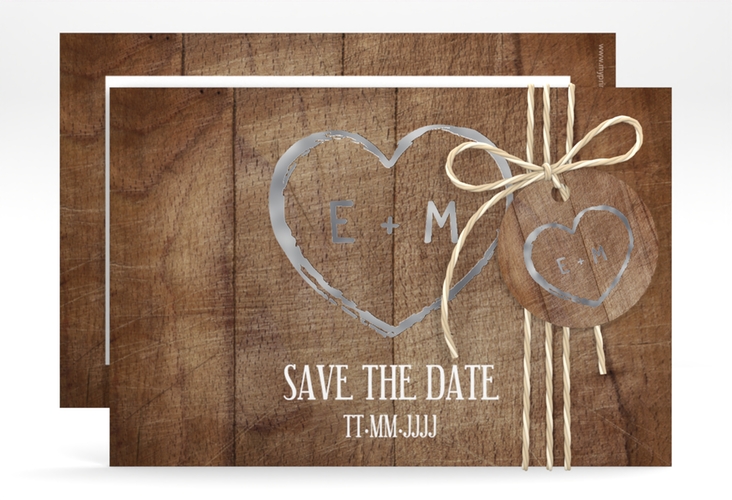 Save the Date-Karte Wood A6 Karte quer braun silber in Holz-Optik mit Herz und Initialen