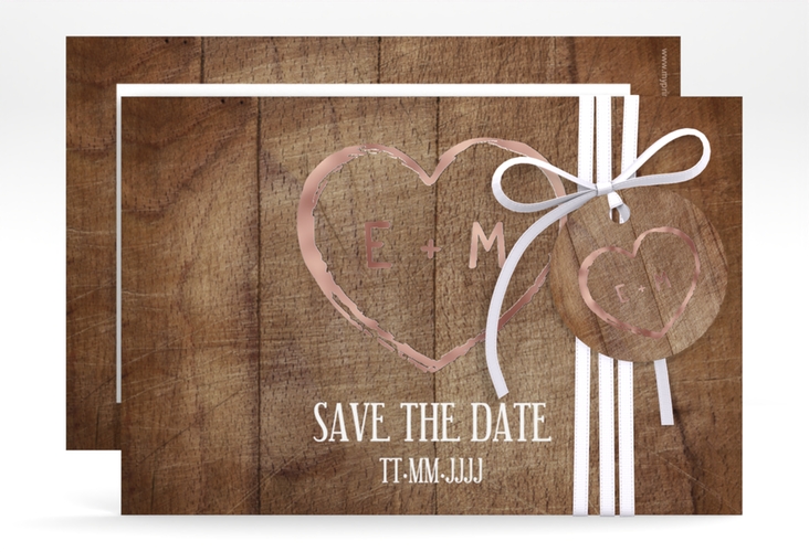 Save the Date-Karte Wood A6 Karte quer braun rosegold in Holz-Optik mit Herz und Initialen