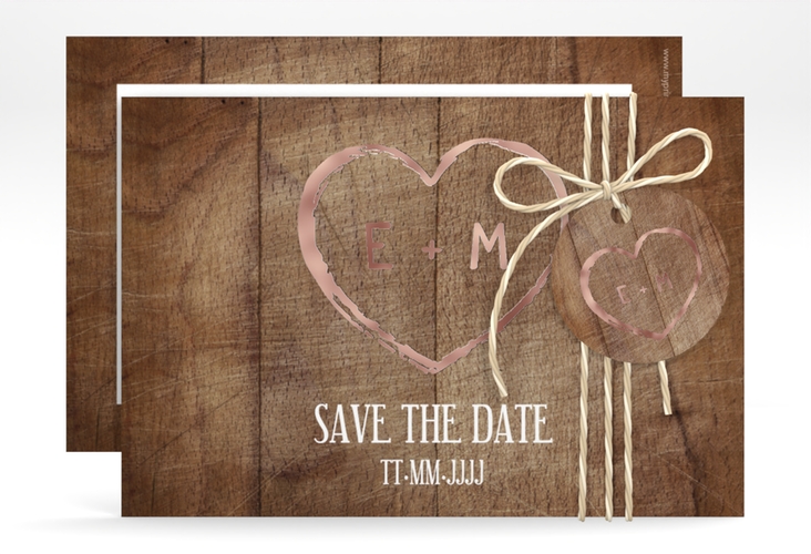 Save the Date-Karte Wood A6 Karte quer braun rosegold in Holz-Optik mit Herz und Initialen