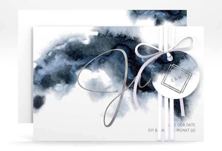 Save the Date-Karte Aquarellic A6 Karte quer weiss silber