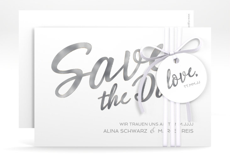 Save the Date-Karte Glam A6 Karte quer weiss silber