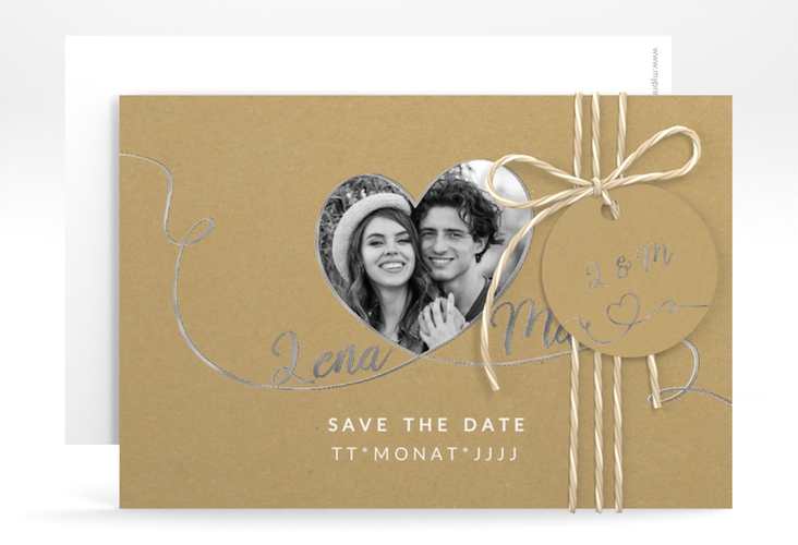 Save the Date-Karte Herzensbund A6 Karte quer weiss silber