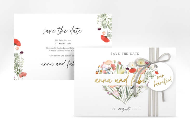Save the Date-Karte Wildblumenherz A6 Karte quer bunt gold