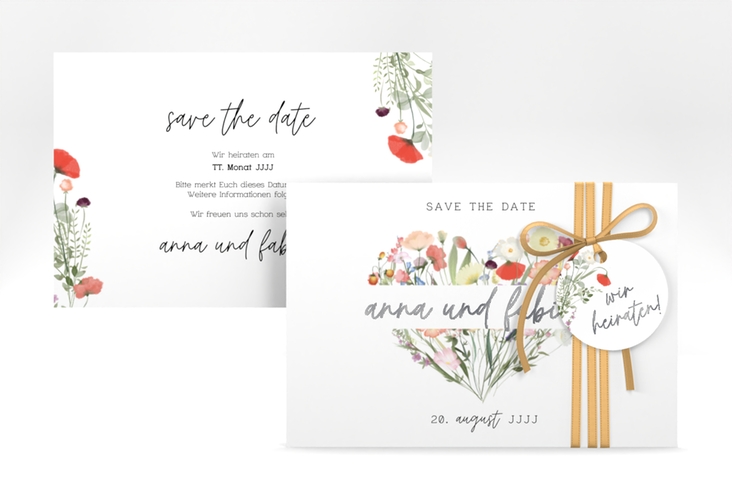 Save the Date-Karte Wildblumenherz A6 Karte quer bunt silber