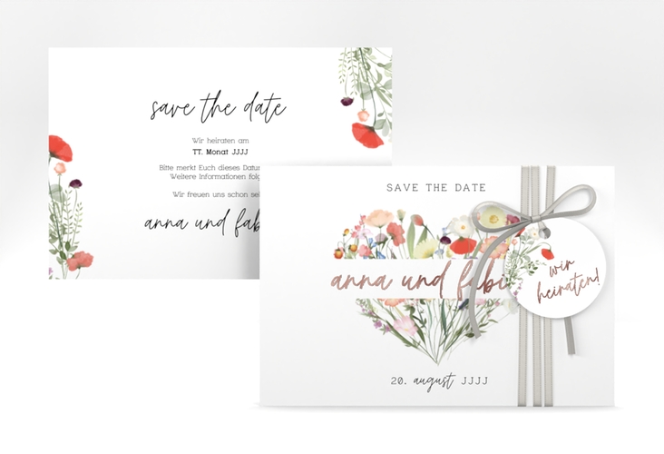 Save the Date-Karte Wildblumenherz A6 Karte quer bunt rosegold