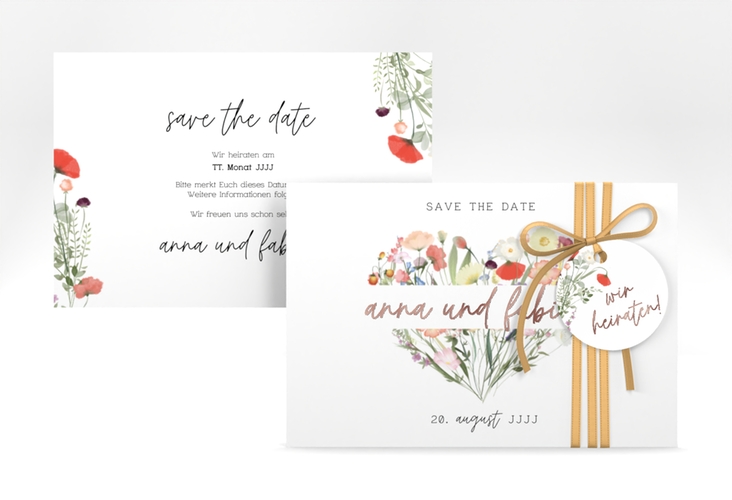 Save the Date-Karte Wildblumenherz A6 Karte quer bunt rosegold