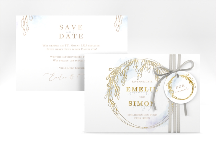 Save the Date-Karte Wisteria A6 Karte quer blau gold mit Blumenbogen aus Blauregen