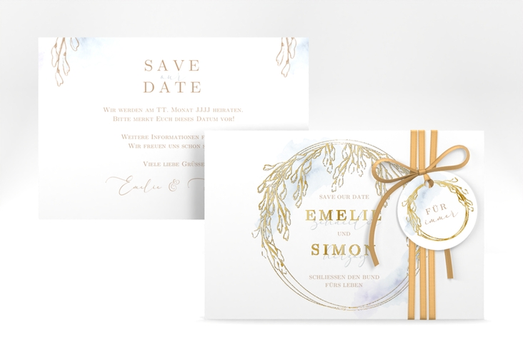 Save the Date-Karte Wisteria A6 Karte quer blau gold mit Blumenbogen aus Blauregen