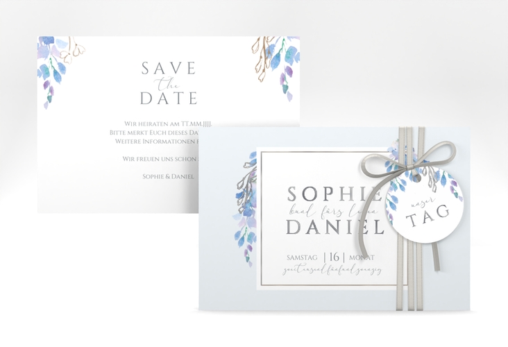 Save the Date-Karte Blauregen A6 Karte quer blau silber mit Wisteria-Blüten