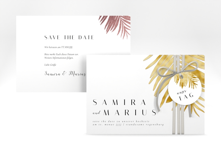 Save the Date-Karte Palmenblatt A6 Karte quer rosa gold mit Palmenwedel