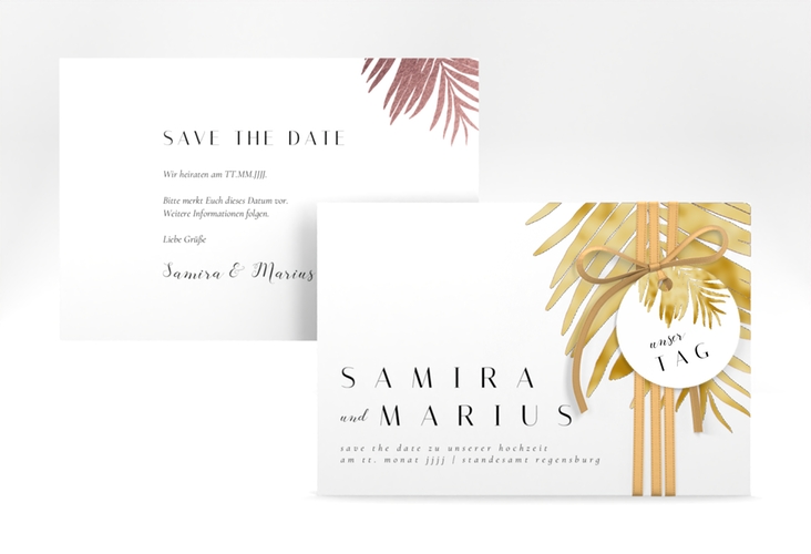 Save the Date-Karte Palmenblatt A6 Karte quer rosa gold mit Palmenwedel