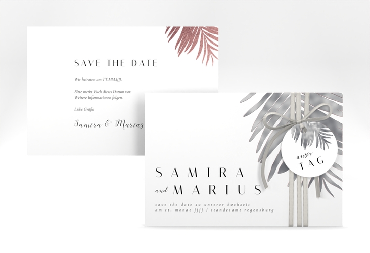 Save the Date-Karte Palmenblatt A6 Karte quer rosa silber mit Palmenwedel
