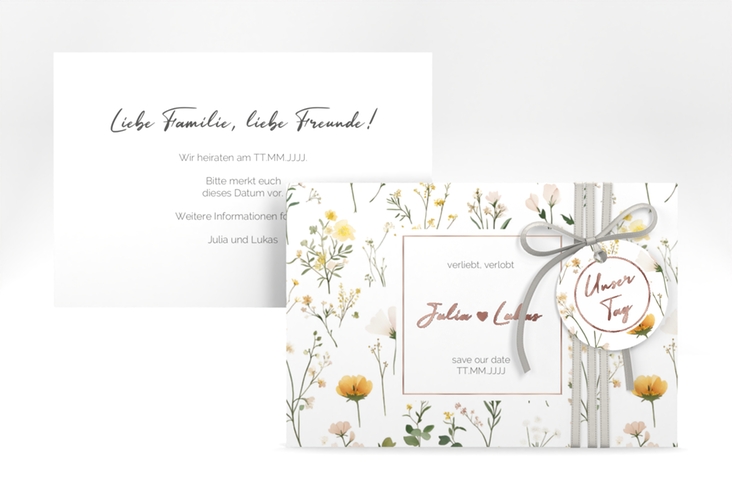 Save the Date-Karte Blumenwiese A6 Karte quer bunt rosegold