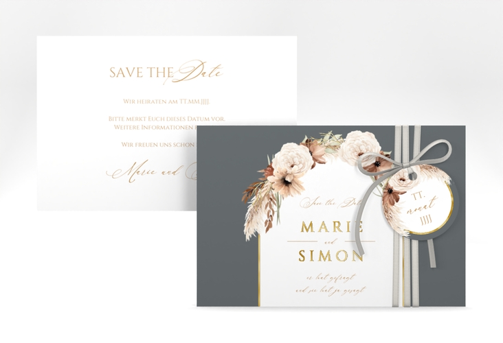 Save the Date-Karte Blumenbogen A6 Karte quer grau gold