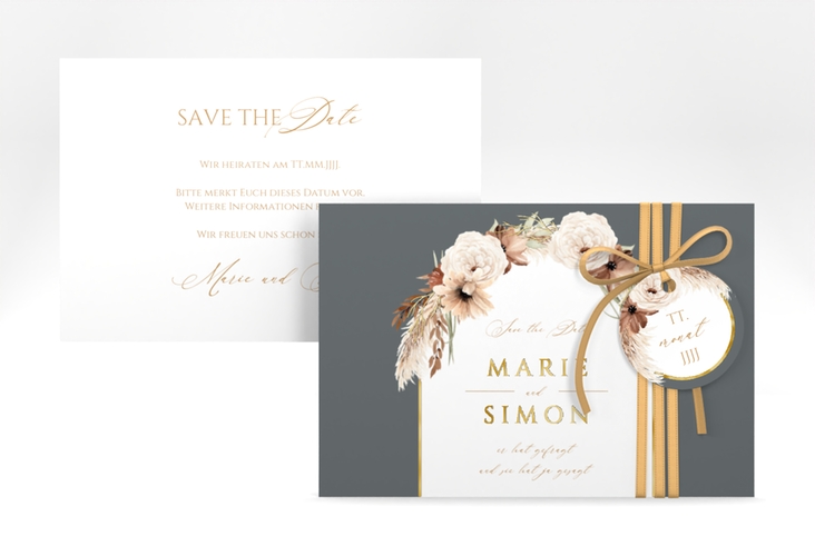Save the Date-Karte Blumenbogen A6 Karte quer grau gold