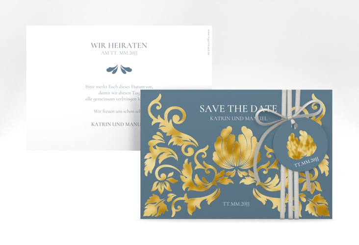 Save the Date-Karte Royal A6 Karte quer blau gold mit barockem Blumen-Ornament