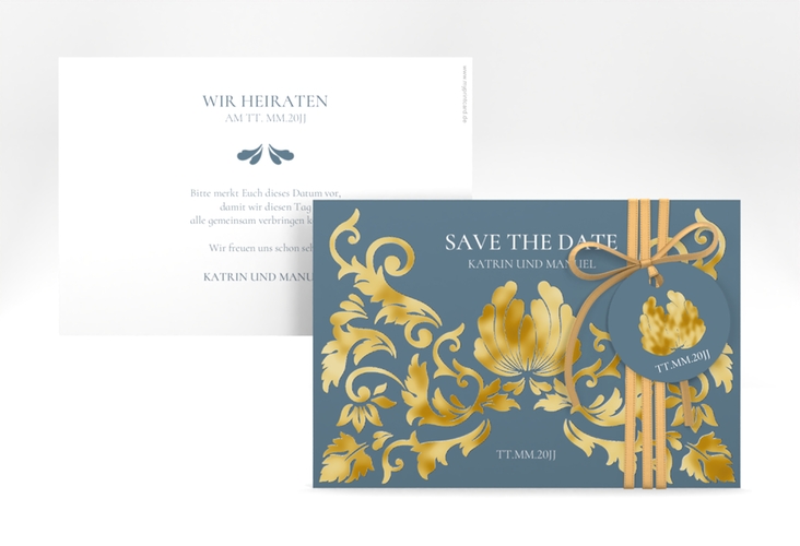 Save the Date-Karte Royal A6 Karte quer blau gold mit barockem Blumen-Ornament