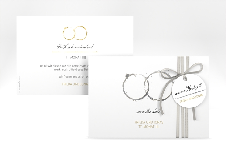 Save the Date-Karte Trauringe A6 Karte quer gold silber minimalistisch gestaltet mit zwei Eheringen