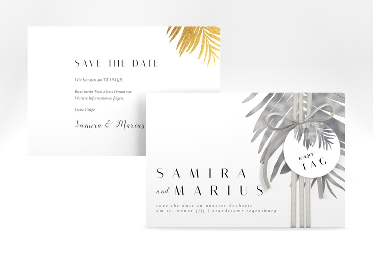 Save the Date-Karte Palmenblatt A6 Karte quer gold silber mit Palmenwedel