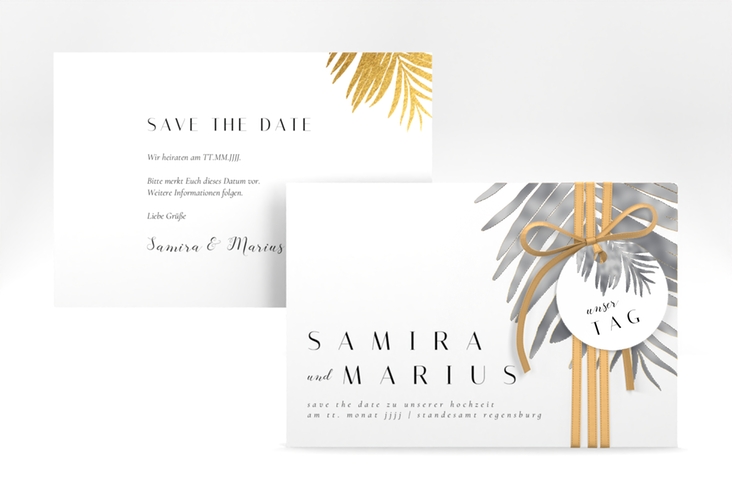 Save the Date-Karte Palmenblatt A6 Karte quer gold silber mit Palmenwedel