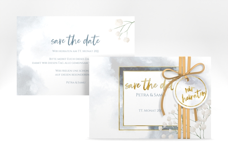 Save the Date-Karte Winter A6 Karte quer blau gold mit Schleierkraut