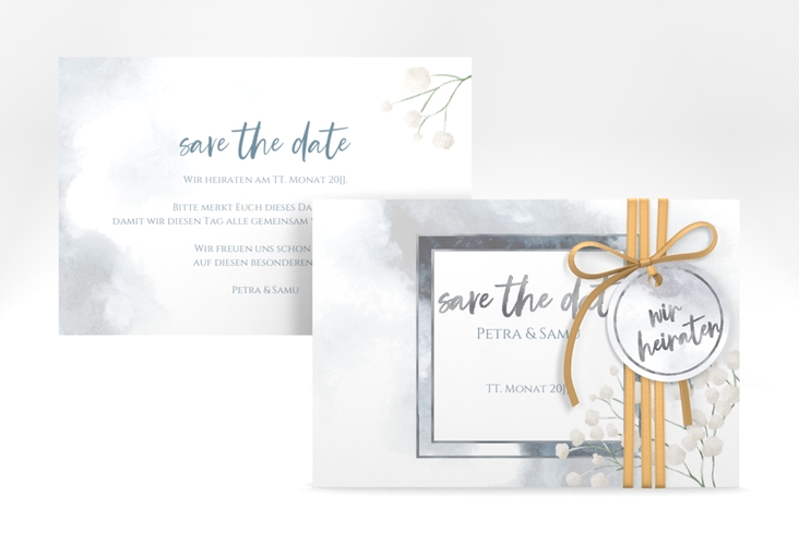 Save the Date-Karte Winter A6 Karte quer blau silber mit Schleierkraut