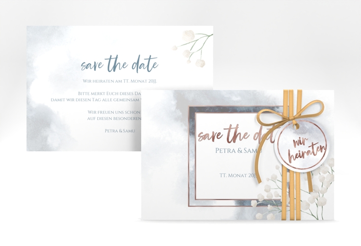 Save the Date-Karte Winter A6 Karte quer blau rosegold mit Schleierkraut