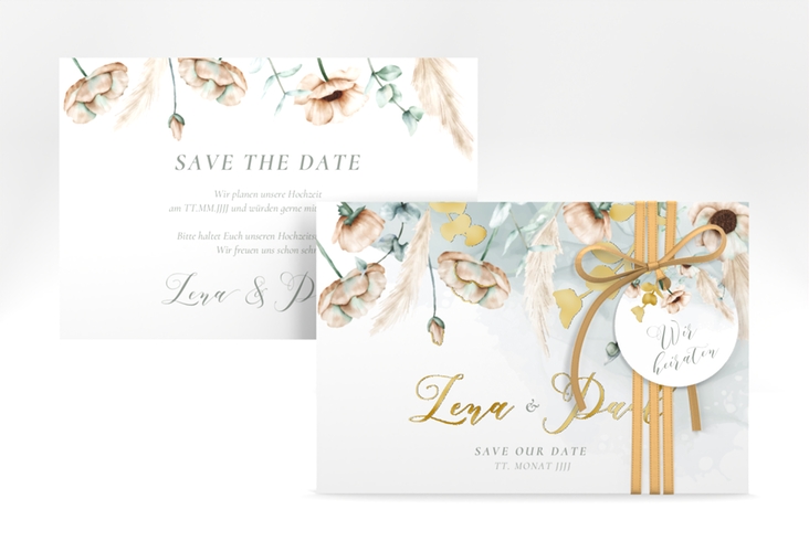 Save the Date-Karte Anemone A6 Karte quer mint gold