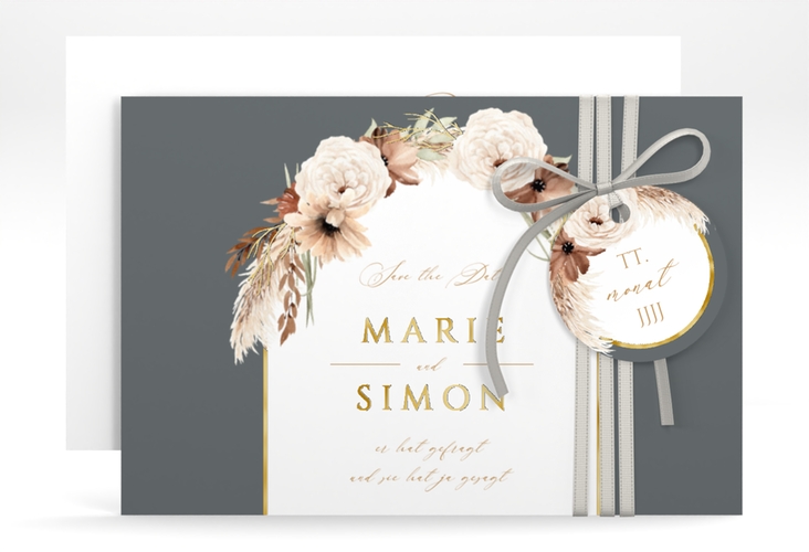 Save the Date-Karte Blumenbogen A6 Karte quer grau gold