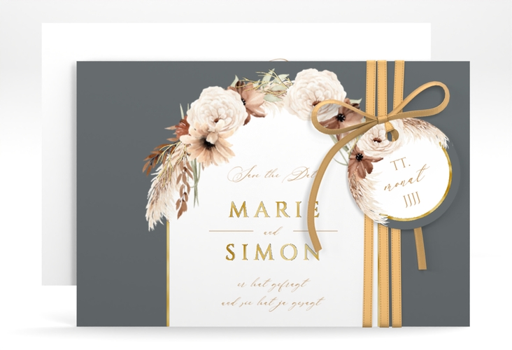Save the Date-Karte Blumenbogen A6 Karte quer grau gold
