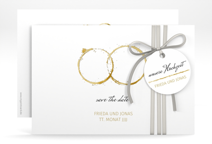Save the Date-Karte Trauringe A6 Karte quer gold gold minimalistisch gestaltet mit zwei Eheringen