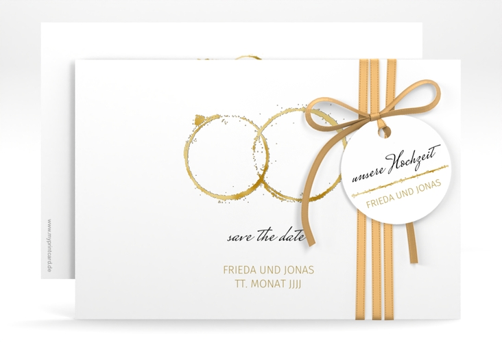 Save the Date-Karte Trauringe A6 Karte quer gold gold minimalistisch gestaltet mit zwei Eheringen