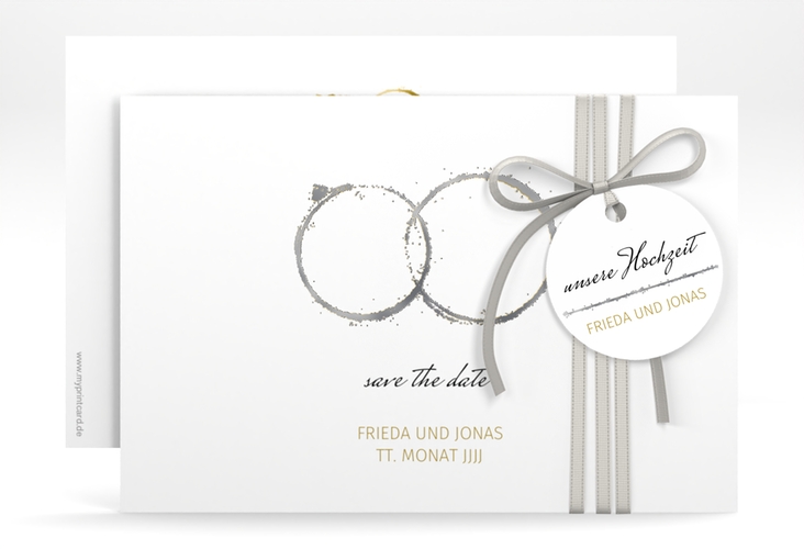 Save the Date-Karte Trauringe A6 Karte quer gold silber minimalistisch gestaltet mit zwei Eheringen