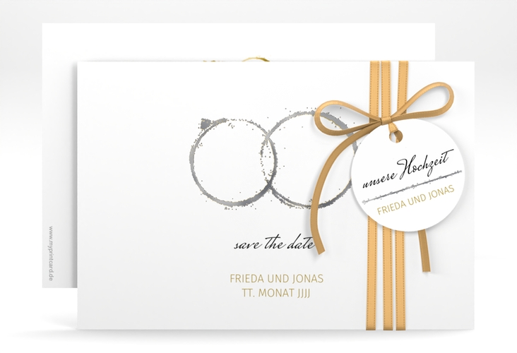 Save the Date-Karte Trauringe A6 Karte quer gold silber minimalistisch gestaltet mit zwei Eheringen