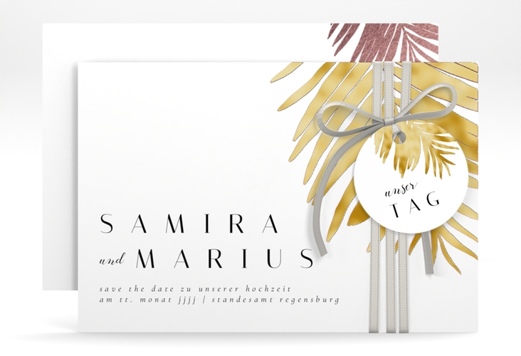 Save the Date-Karte Palmenblatt A6 Karte quer rosa gold mit Palmenwedel