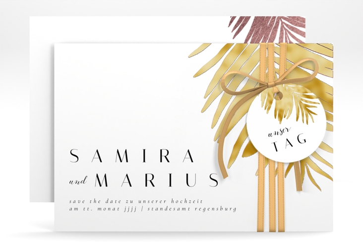 Save the Date-Karte Palmenblatt A6 Karte quer rosa gold mit Palmenwedel
