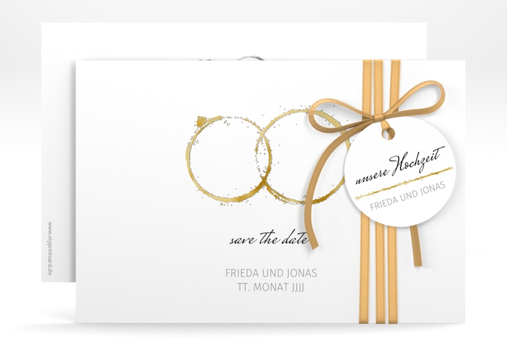Save the Date-Karte Trauringe A6 Karte quer grau gold minimalistisch gestaltet mit zwei Eheringen