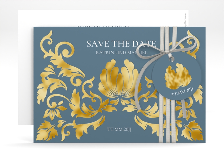Save the Date-Karte Royal A6 Karte quer blau gold mit barockem Blumen-Ornament