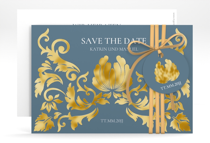 Save the Date-Karte Royal A6 Karte quer blau gold mit barockem Blumen-Ornament