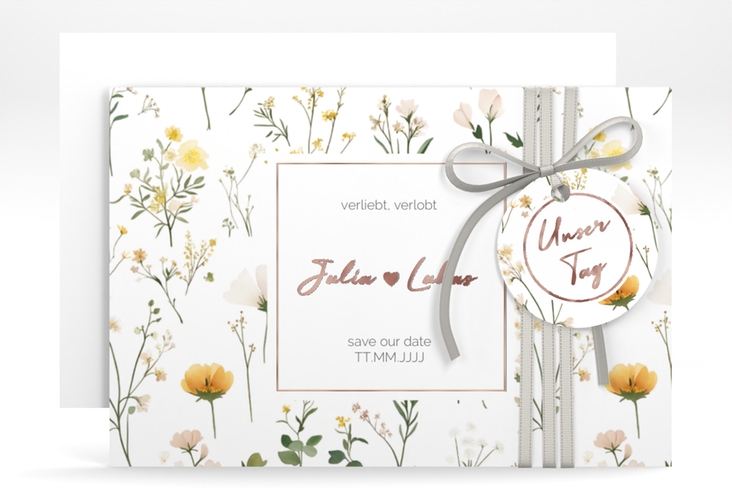 Save the Date-Karte Blumenwiese A6 Karte quer bunt rosegold