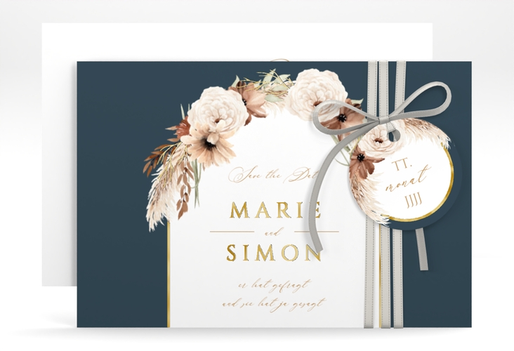 Save the Date-Karte Blumenbogen A6 Karte quer blau gold