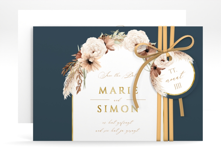 Save the Date-Karte Blumenbogen A6 Karte quer blau gold