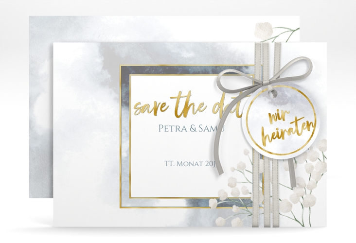 Save the Date-Karte Winter A6 Karte quer blau gold mit Schleierkraut